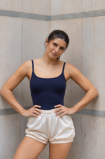 Cargar imagen en el visor de la galería, Maillot de danza Intermezzo Alejandra Azul Mar con espalda abierta y tirantes finos
